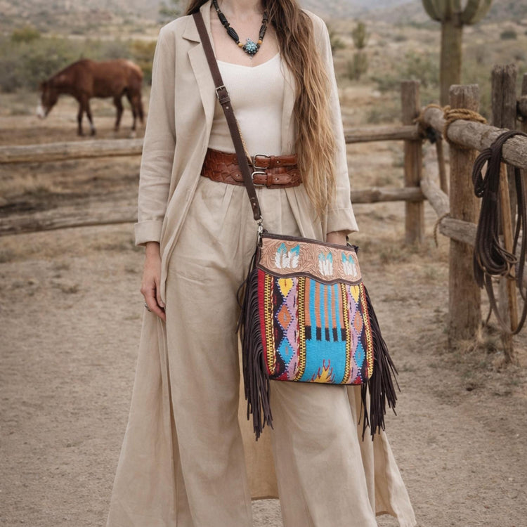 Feather Tooled Leather Crossbody Bag: Aztec Blanket, Western Cowgirl Purse