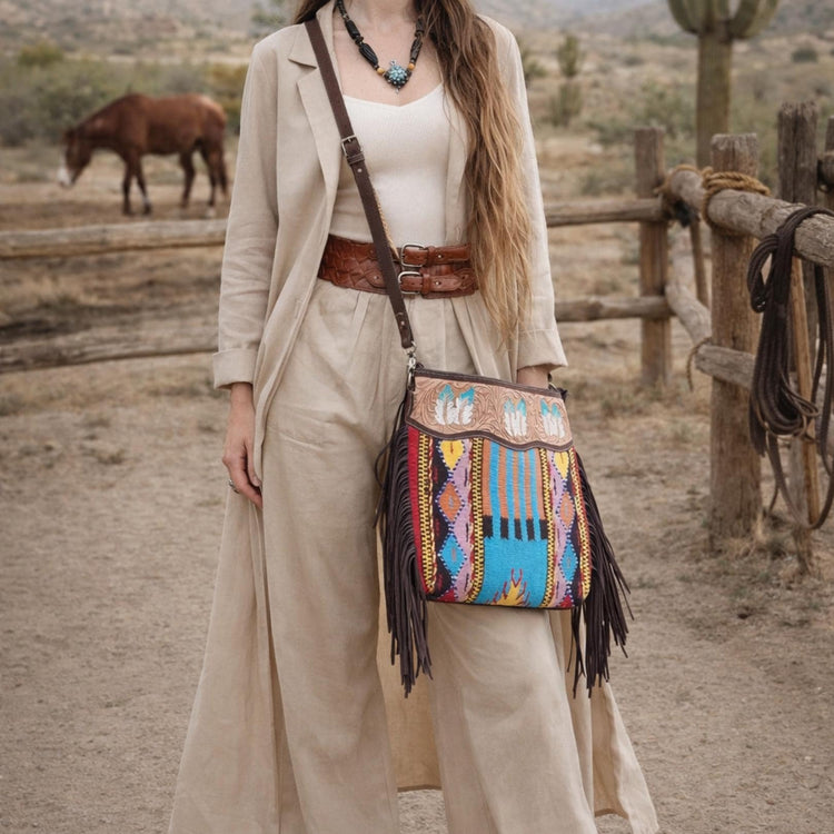 Feather Tooled Leather Crossbody Bag: Aztec Blanket, Western Cowgirl Purse