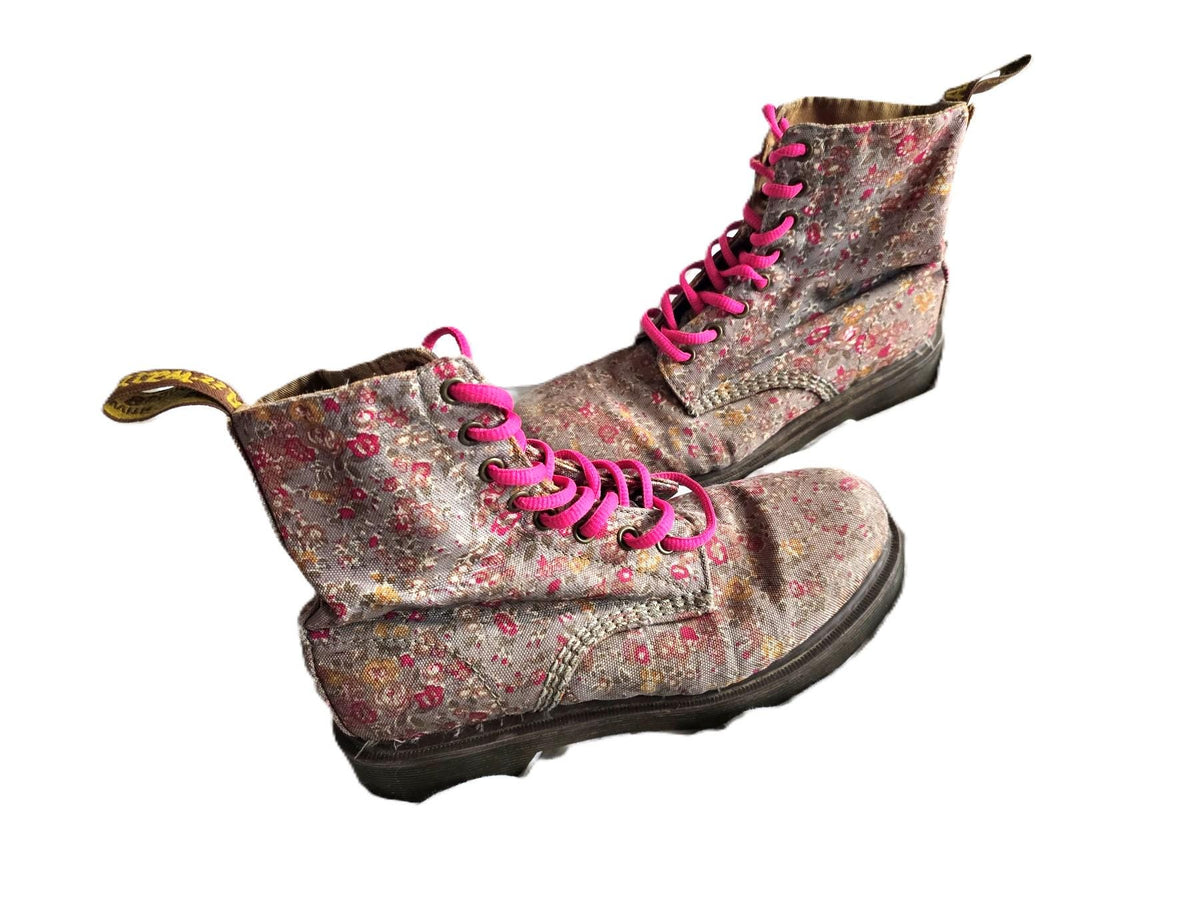 Dr Martens Floral Boots UK 6, Vintage Meadow 8 Eye Boots, Vegan Canvas Combat Boots, Pink Flower Festival Shoes US 8
