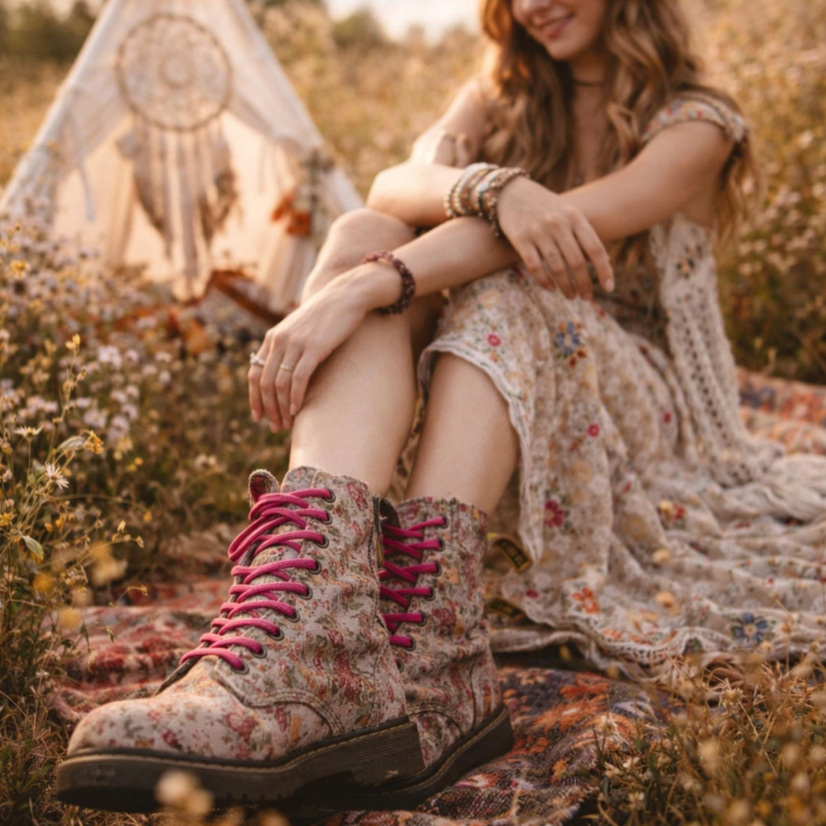 Dr Martens Floral Boots UK 6, Vintage Meadow 8 Eye Boots, Vegan Canvas Combat Boots, Pink Flower Festival Shoes US 8