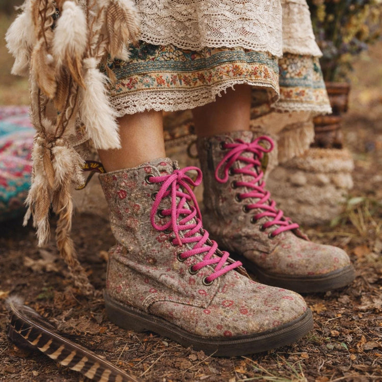Dr Martens Floral Boots UK 6, Vintage Meadow 8 Eye Boots, Vegan Canvas Combat Boots, Pink Flower Festival Shoes US 8