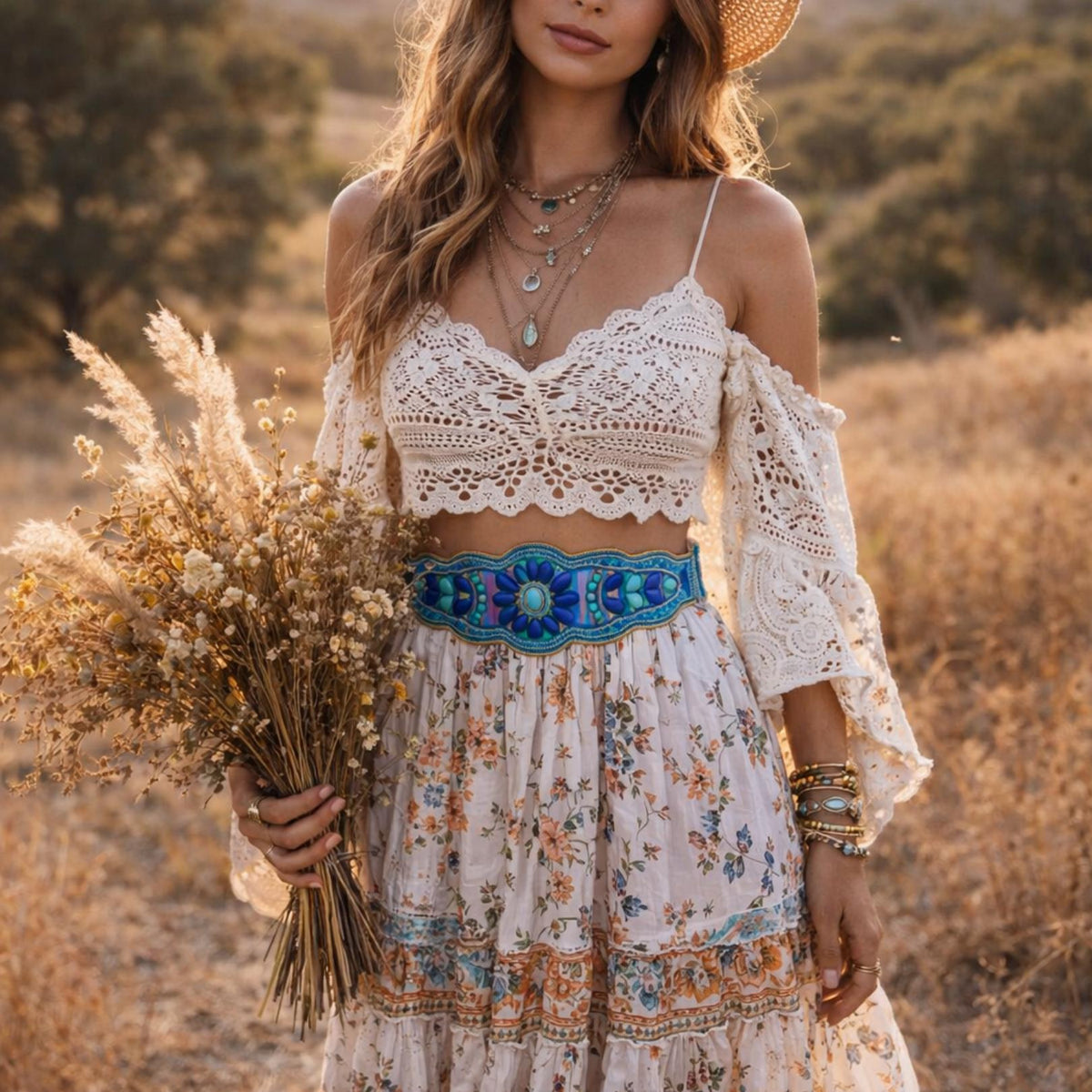 Wide Beaded Turquoise Boho Belt: Woven Aztec Kilim Elastic Waist Belt