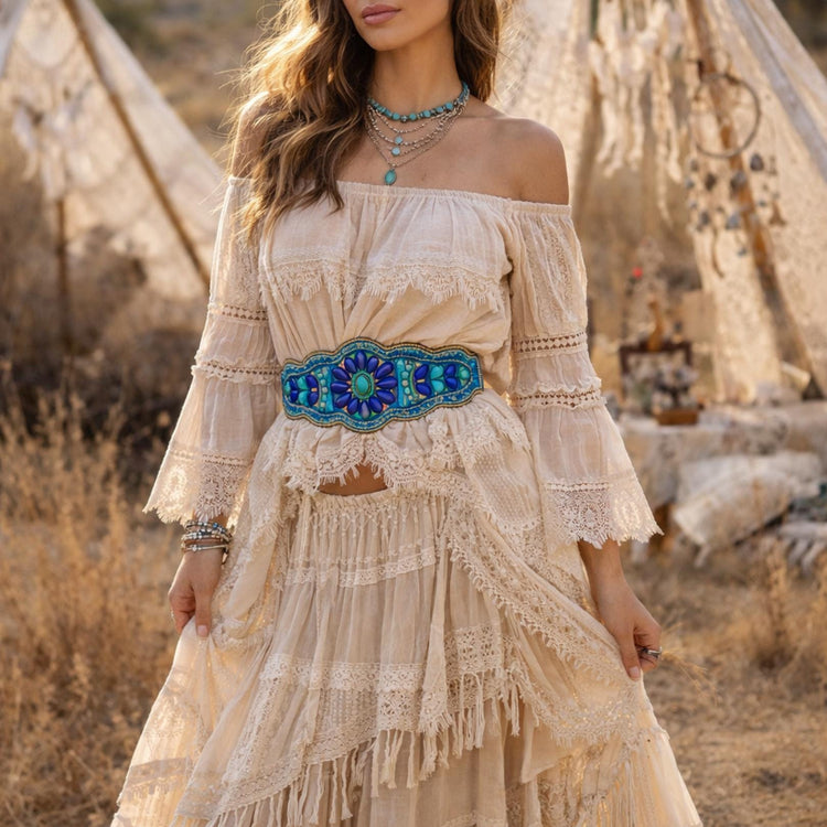 Wide Beaded Turquoise Boho Belt: Woven Aztec Kilim Elastic Waist Belt