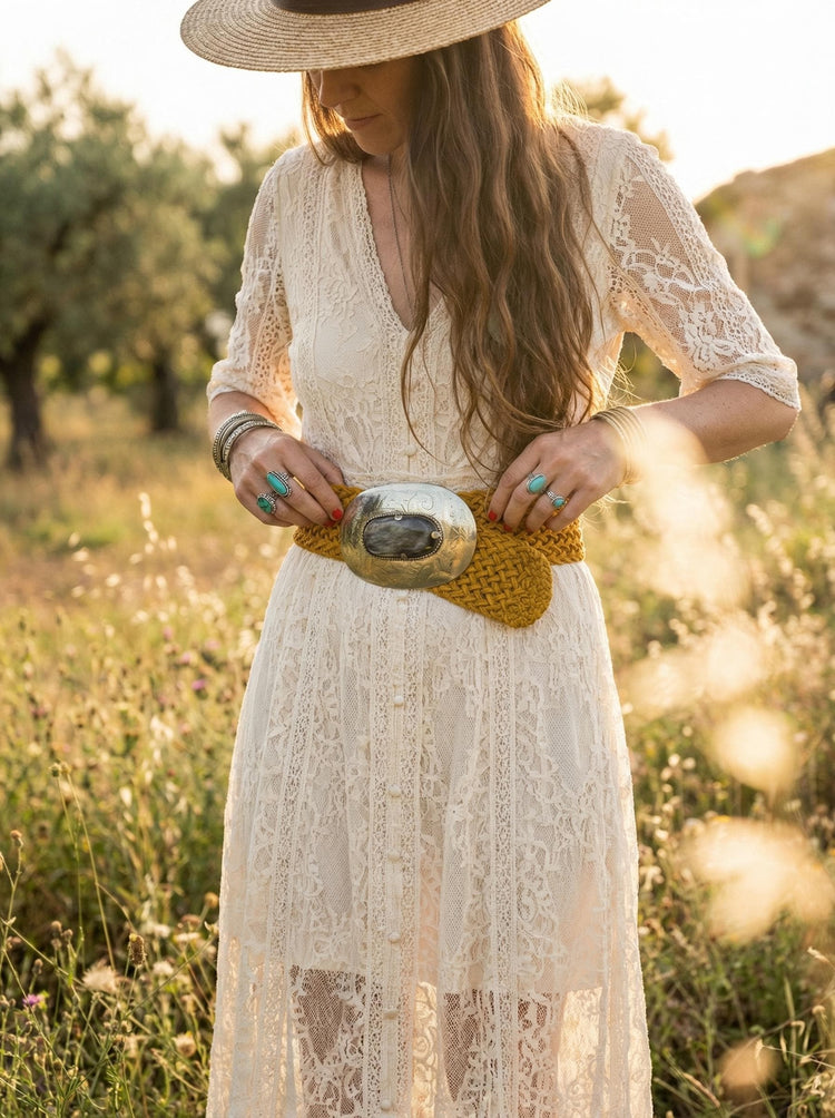 Wide Braided Leather Belt: Boho Western Buckle with Stone