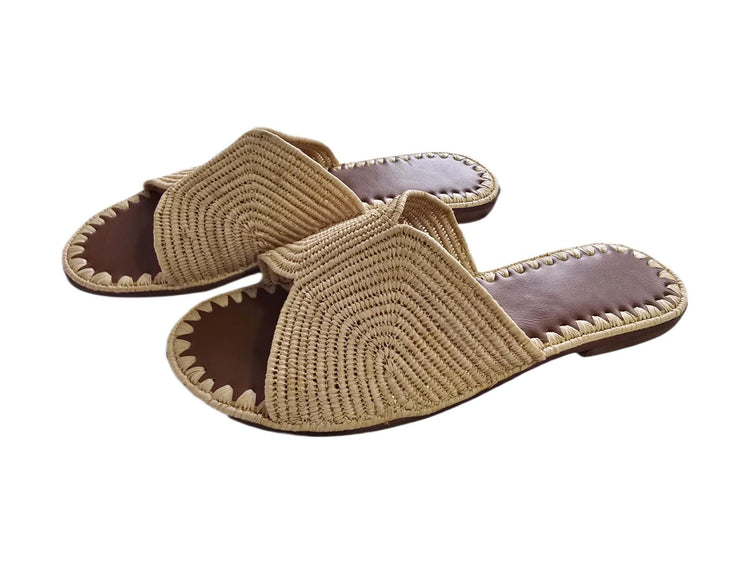 Moroccan Raffia Sandals Women Size 40, Handmade Leather Mules, Boho Summer Shoes, Wedding Raffia Slippers