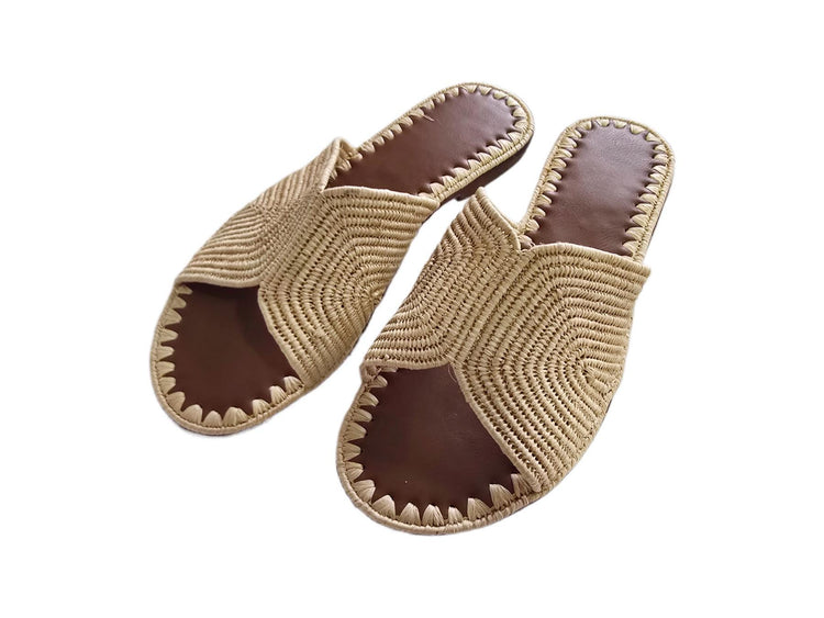 Moroccan Raffia Sandals Women Size 40, Handmade Leather Mules, Boho Summer Shoes, Wedding Raffia Slippers