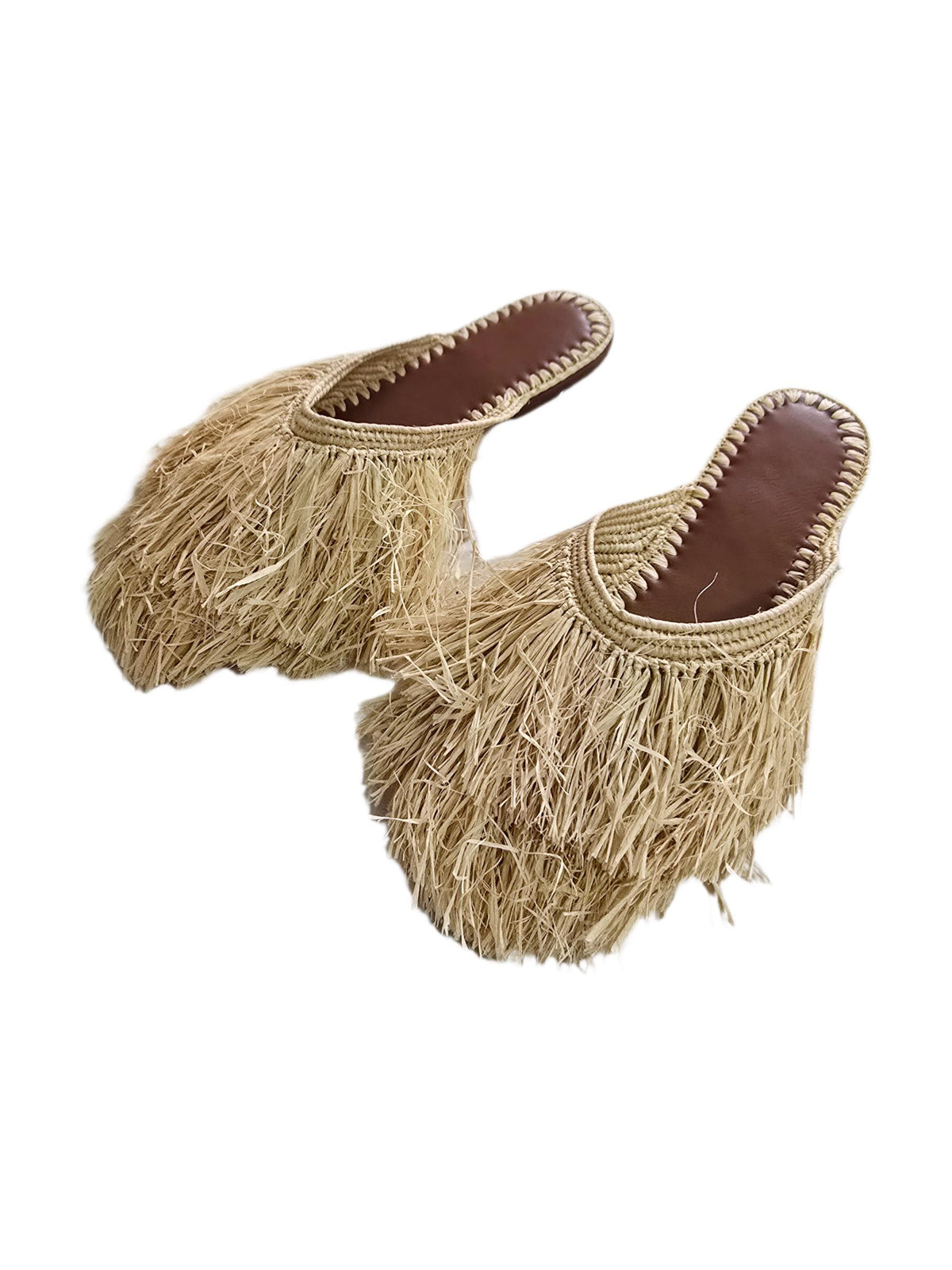 Raffia Fringe Loafers Women EU 40 UK 6.5, Moroccan Handmade Mules, Boho Wedding Shoes, Summer Raffia Slippers