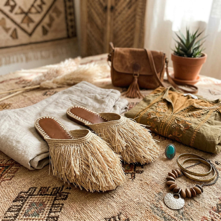 Raffia Fringe Loafers Women EU 40 UK 6.5, Moroccan Handmade Mules, Boho Wedding Shoes, Summer Raffia Slippers