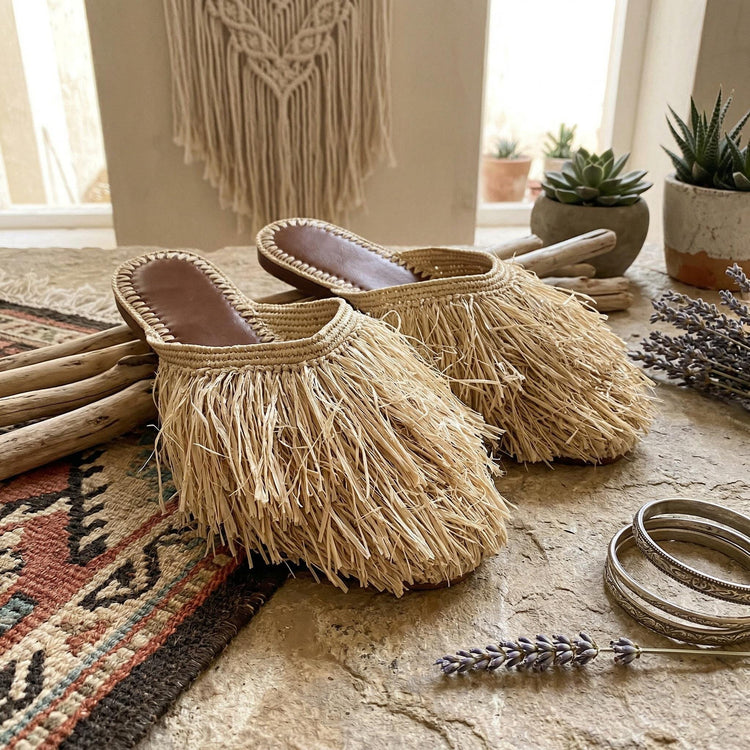 Raffia Fringe Loafers Women EU 40 UK 6.5, Moroccan Handmade Mules, Boho Wedding Shoes, Summer Raffia Slippers
