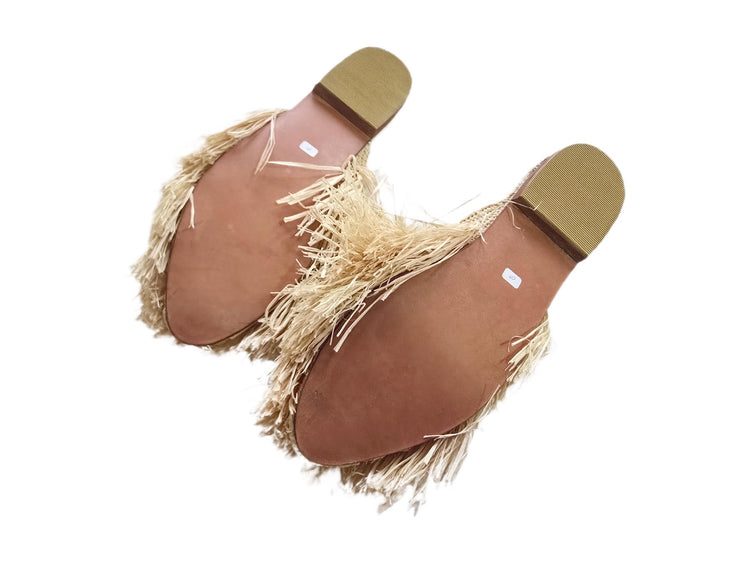Raffia Fringe Loafers Women EU 40 UK 6.5, Moroccan Handmade Mules, Boho Wedding Shoes, Summer Raffia Slippers