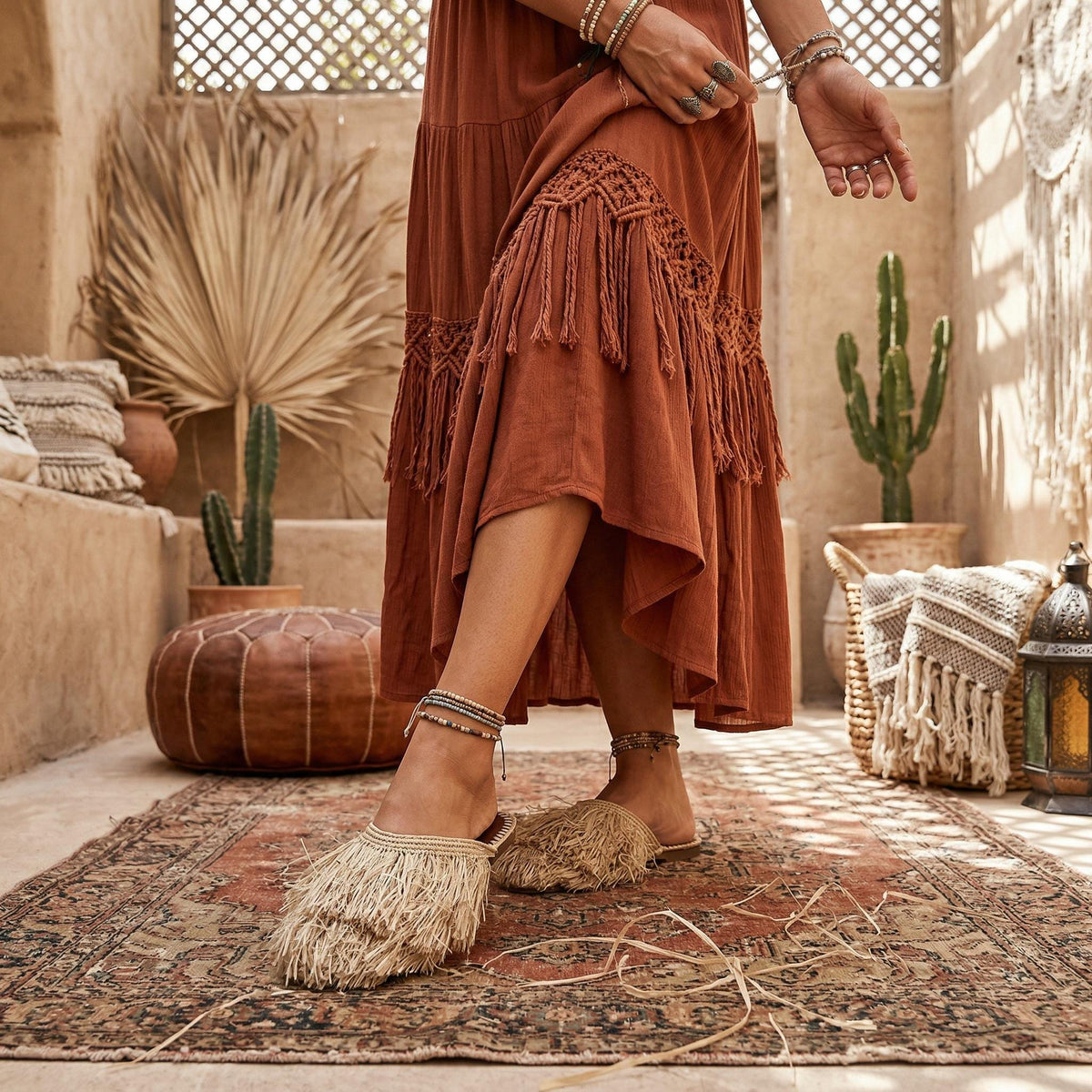 Raffia Fringe Loafers Women EU 40 UK 6.5, Moroccan Handmade Mules, Boho Wedding Shoes, Summer Raffia Slippers