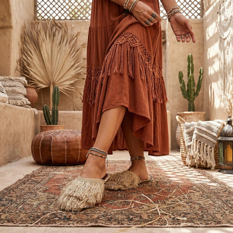 Raffia Fringe Loafers Women EU 40 UK 6.5, Moroccan Handmade Mules, Boho Wedding Shoes, Summer Raffia Slippers