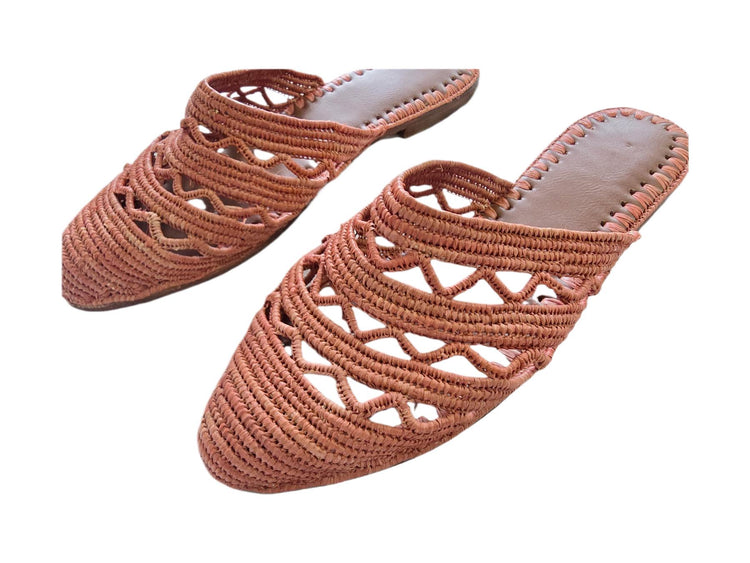 Natural Raffia Mules Women 40, Moroccan Handmade Slippers , Boho Summer Sandals, Leather Sole Slide Shoes UK 6.5 / US 8.5