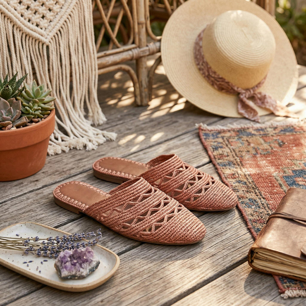 Natural Raffia Mules Women 40, Moroccan Handmade Slippers , Boho Summer Sandals, Leather Sole Slide Shoes UK 6.5 / US 8.5