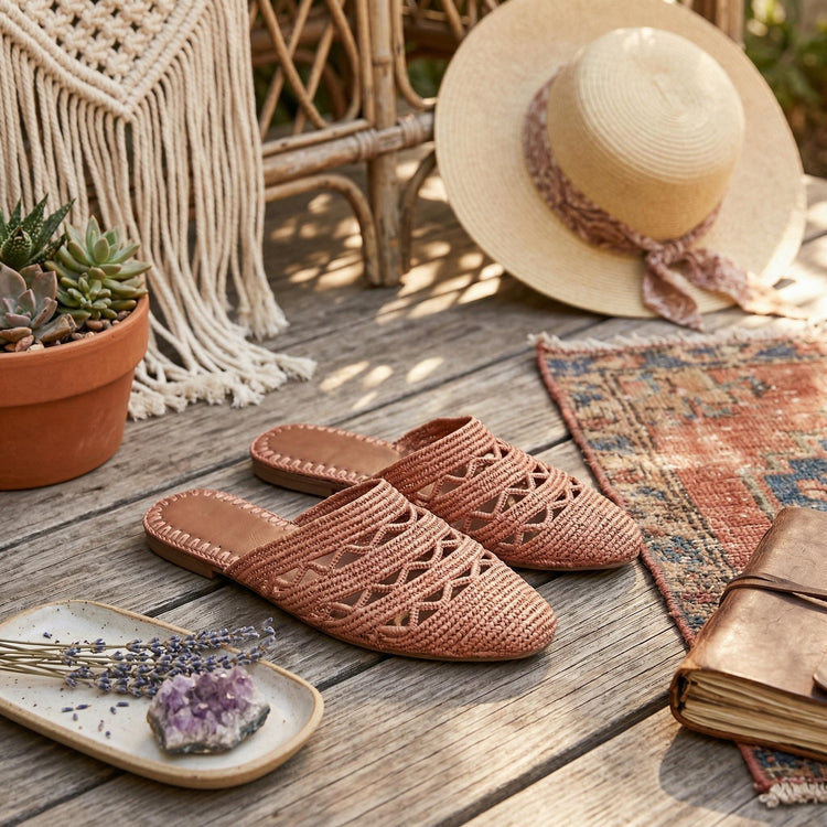 Natural Raffia Mules Women 40, Moroccan Handmade Slippers , Boho Summer Sandals, Leather Sole Slide Shoes UK 6.5 / US 8.5