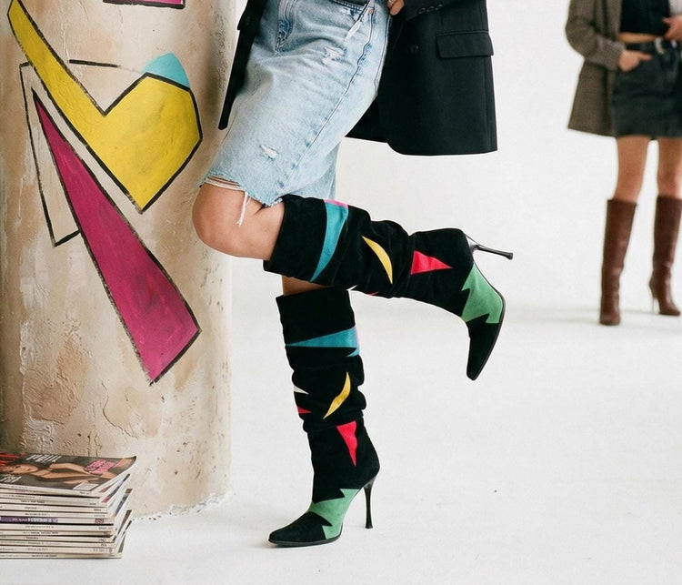 80s Geometric Multicolour Leather Boots US 7, Unique Vintage Shoes 38, Retro Stiletto Heels, Abstract Statement Design, 90s Disco Outfit