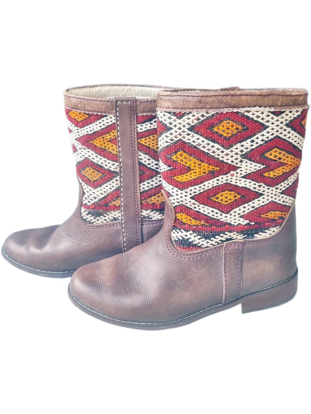 Moroccan Kilim Carpet Boots 41: Leather Western Ankle Boots US 9