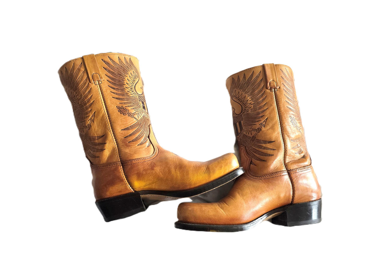 Vintage Tooled Tan Leather Biker Boots UK 8.5, Western Boots Men, Eagle Design Knee High Motorcycle Boots Women 42.5, American Workwear