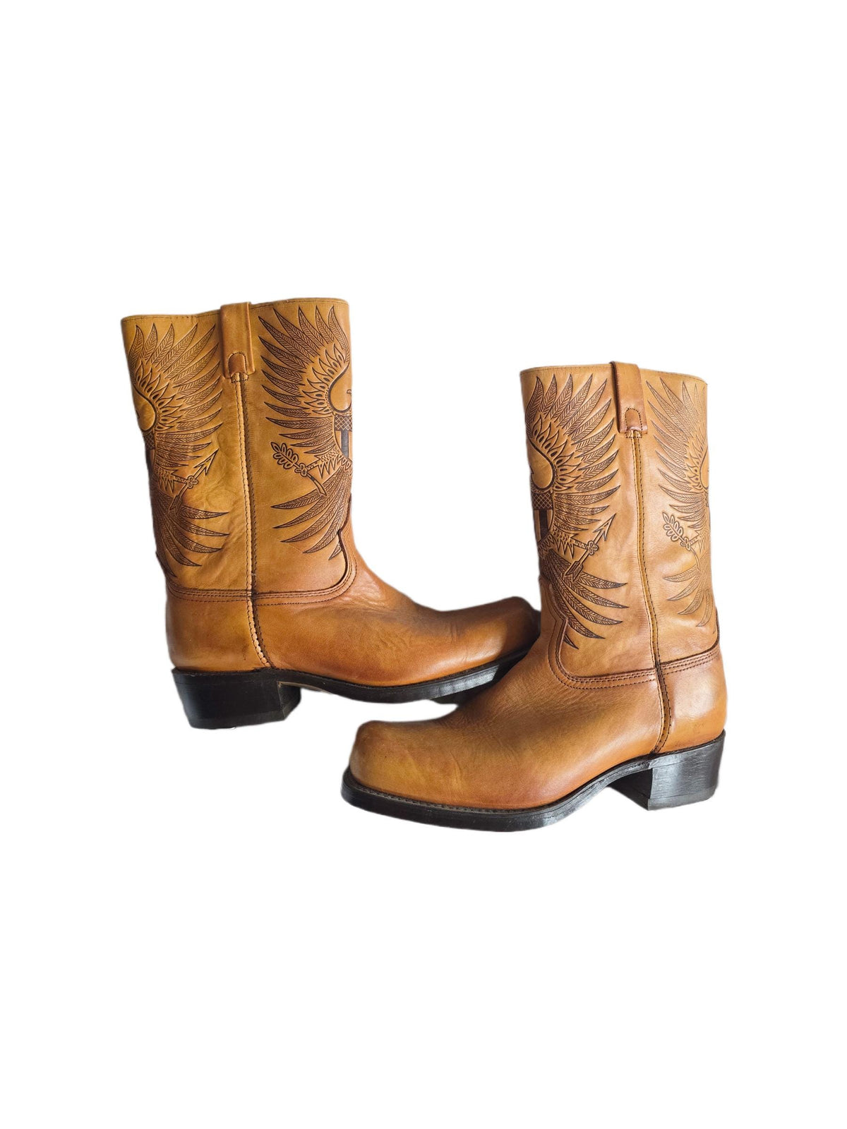 Vintage Tooled Tan Leather Biker Boots UK 8.5, Western Boots Men, Eagle Design Knee High Motorcycle Boots Women 42.5, American Workwear
