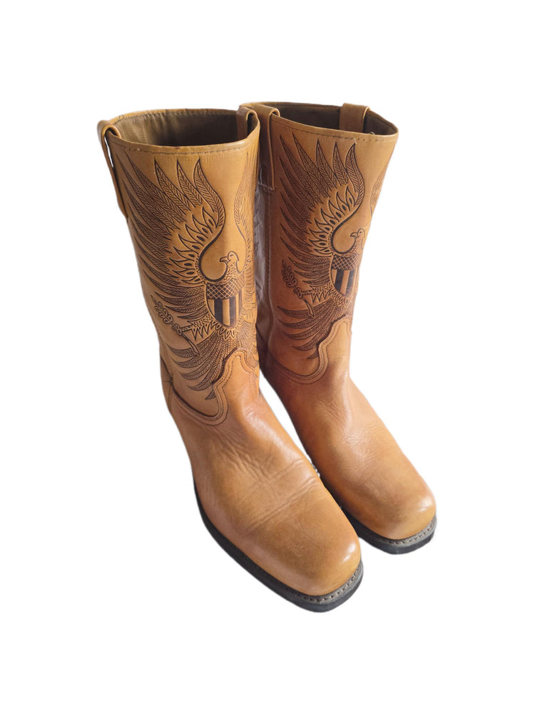 Vintage Tooled Tan Leather Biker Boots UK 8.5, Western Boots Men, Eagle Design Knee High Motorcycle Boots Women 42.5, American Workwear
