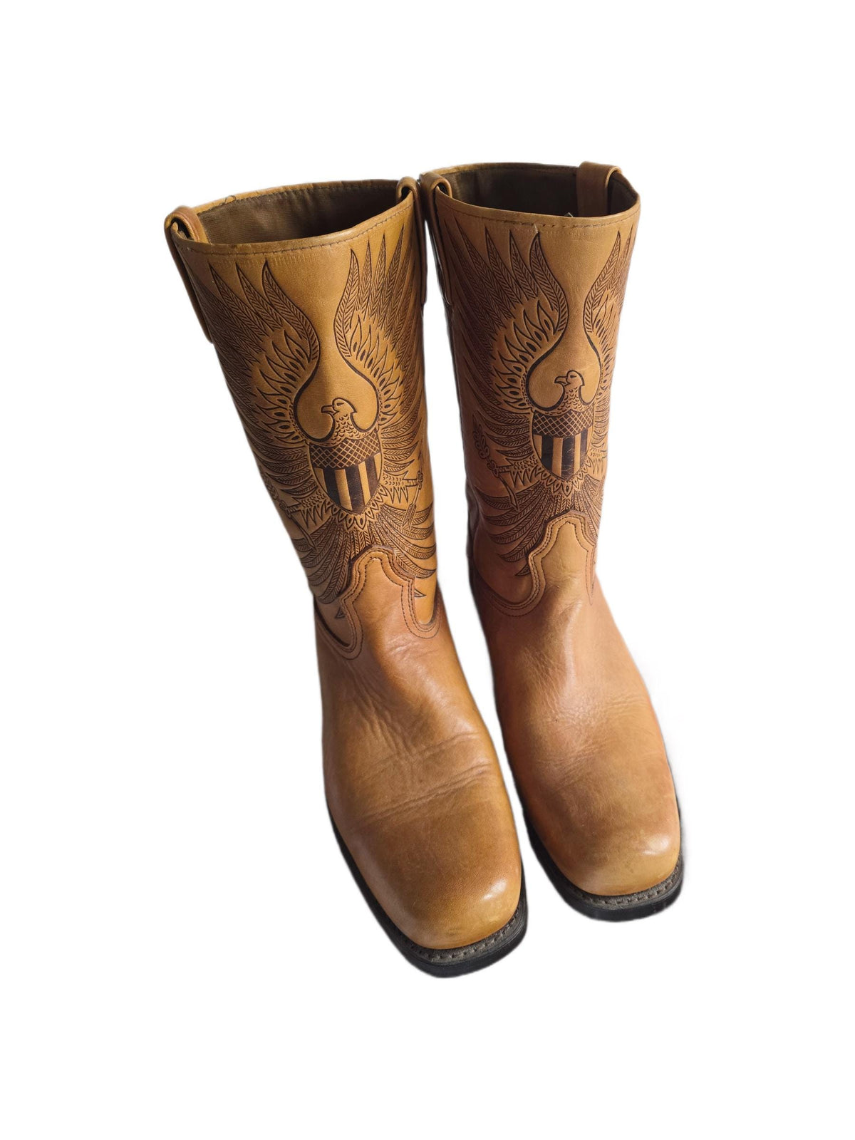 Vintage Tooled Tan Leather Biker Boots UK 8.5, Western Boots Men, Eagle Design Knee High Motorcycle Boots Women 42.5, American Workwear