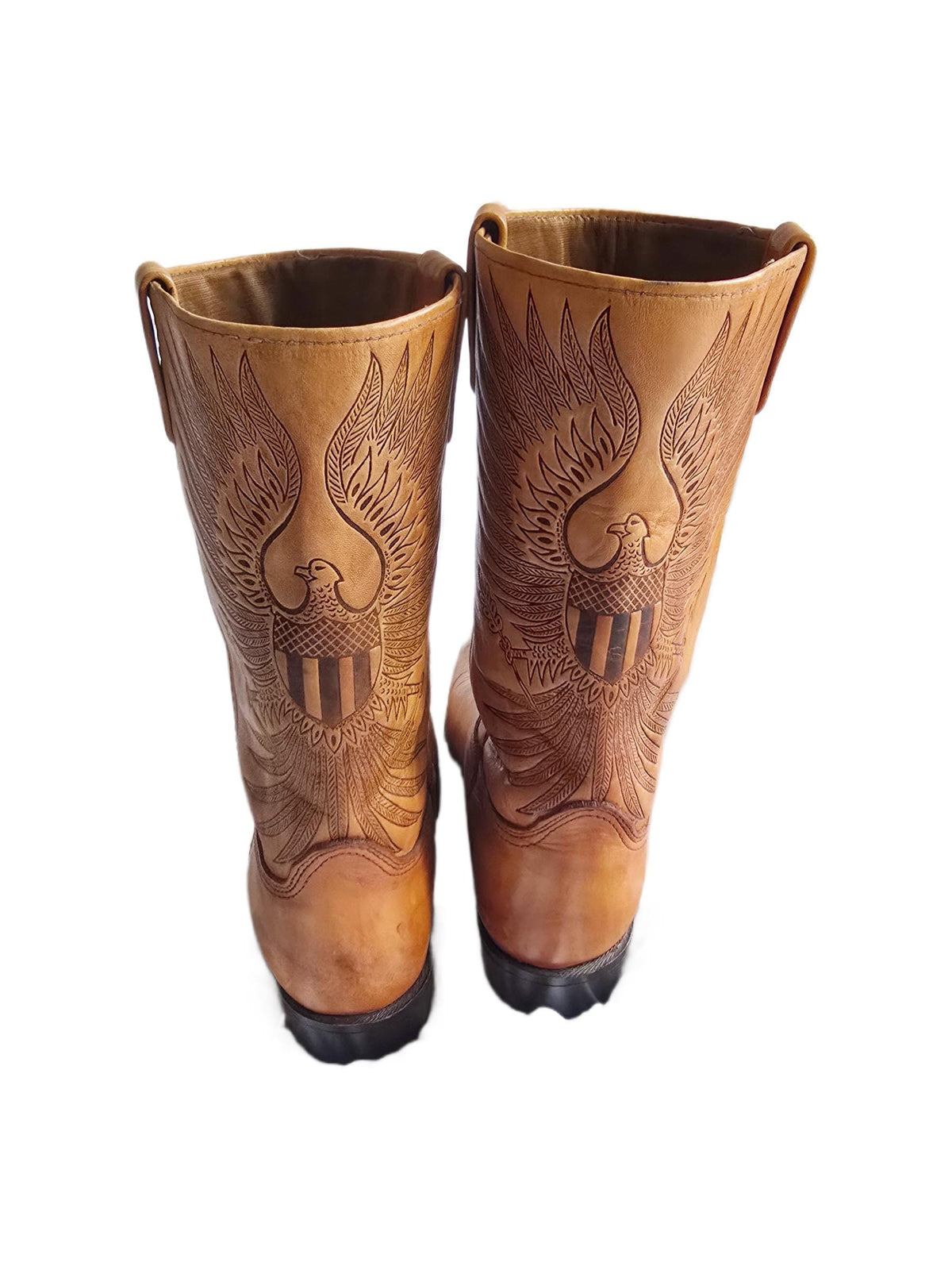 Vintage Tooled Tan Leather Biker Boots UK 8.5, Western Boots Men, Eagle Design Knee High Motorcycle Boots Women 42.5, American Workwear