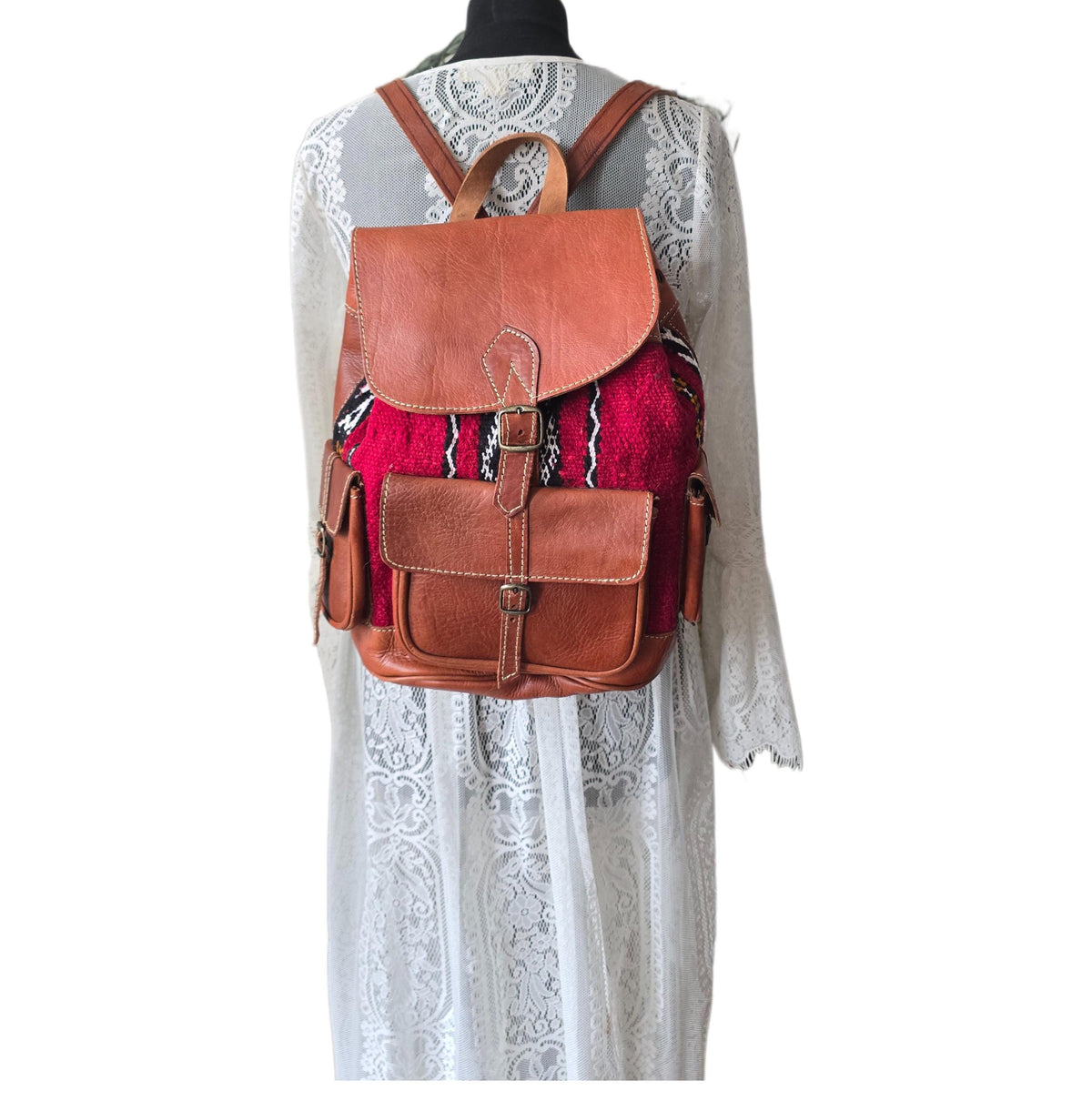 Vintage Moroccan Backpack, Boho Leather Rucksack, Aztec Carpet Travel Bag 70s