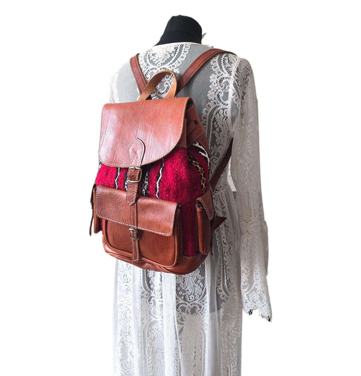 Vintage Moroccan Backpack, Boho Leather Rucksack, Aztec Carpet Travel Bag 70s