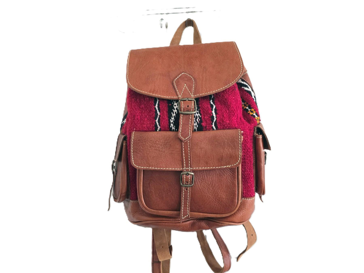 Vintage Moroccan Backpack, Boho Leather Rucksack, Aztec Carpet Travel Bag 70s
