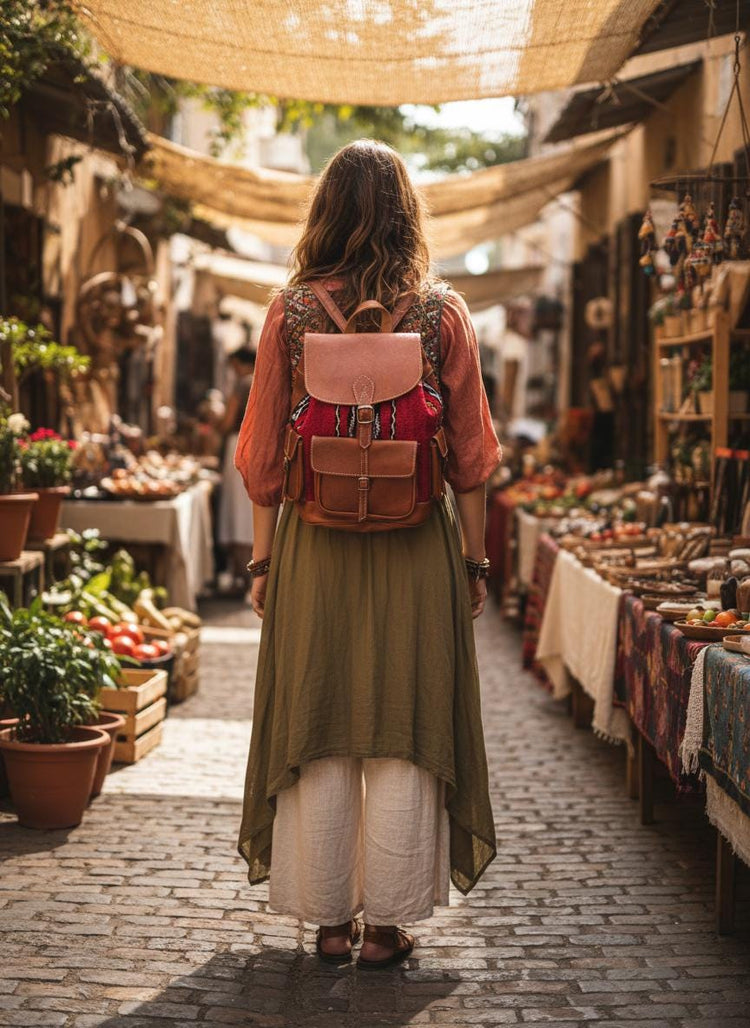 Vintage Moroccan Backpack, Boho Leather Rucksack, Aztec Carpet Travel Bag 70s