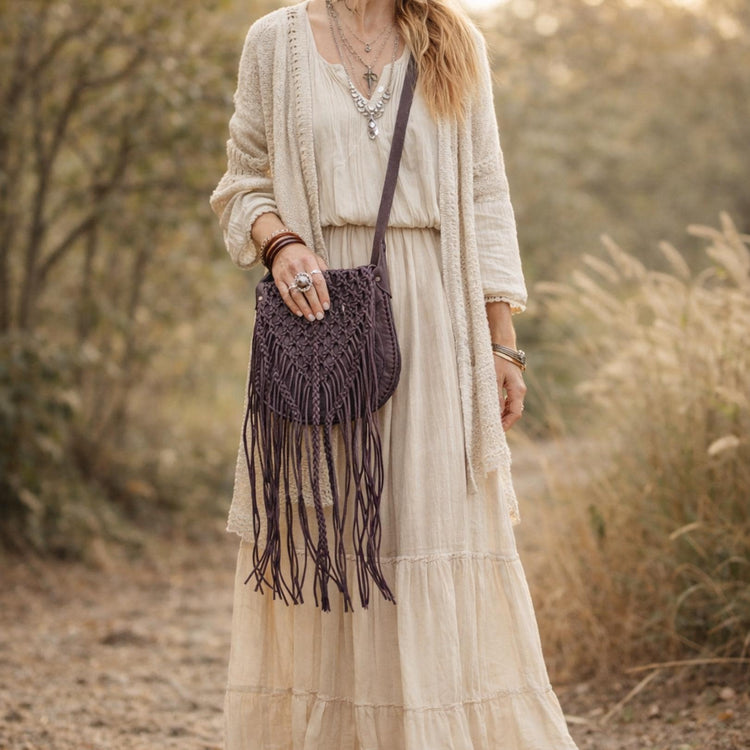 Hand Braided Leather Fringe Crossbody Bag: Vintage Moroccan Boho Purse