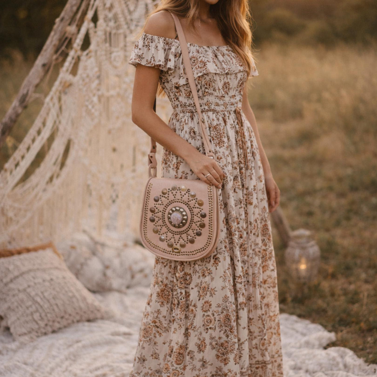 Boho Leather Crossbody Bag: Mandala, Crystals & Coins