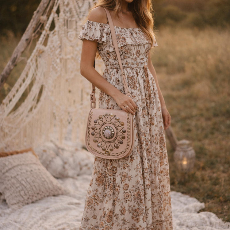 Boho Leather Crossbody Bag: Mandala, Crystals & Coins