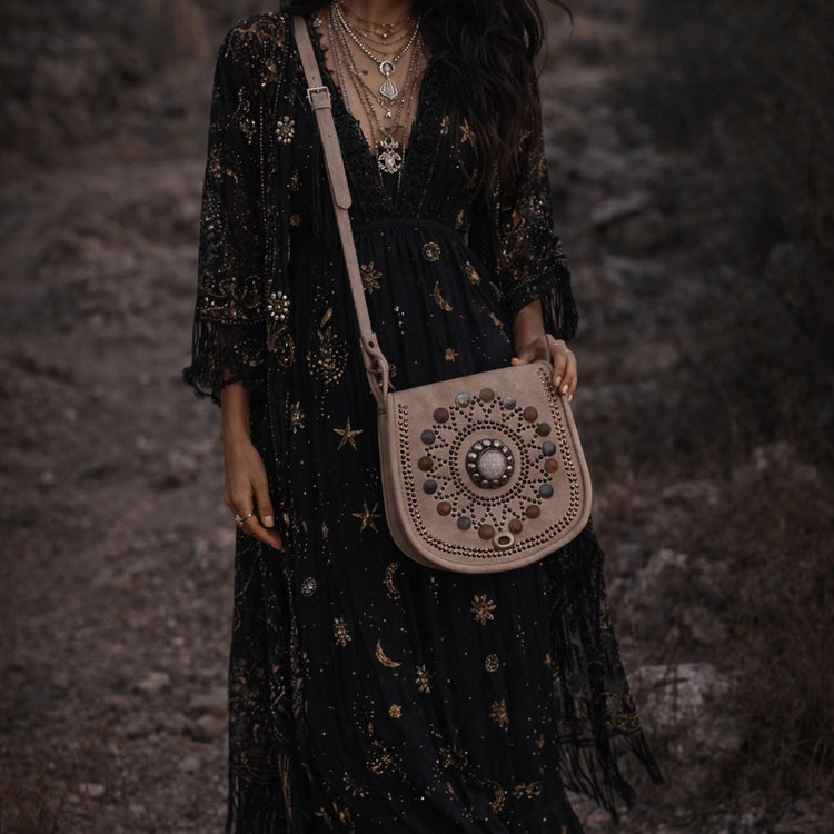 Boho Leather Crossbody Bag: Mandala, Crystals & Coins