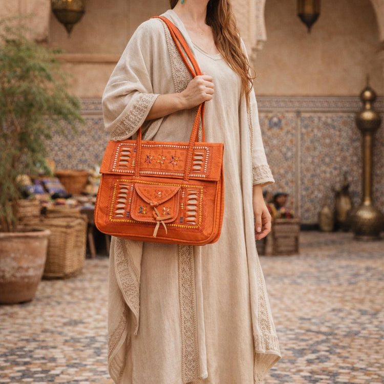 Moroccan Leather Shoulder Bag and Wallet Set: Boho Chic Purse
