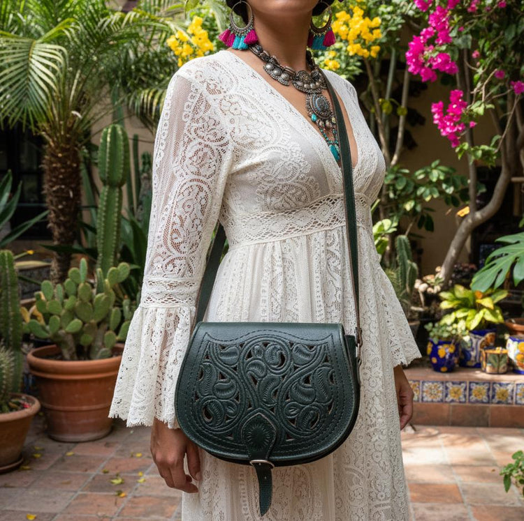 Tooled Leather Saddle Bag Green, Moroccan Crossbody Purse, Boho Hippie Handbag, Vintage Style Leather Bag, Artisan Satchel