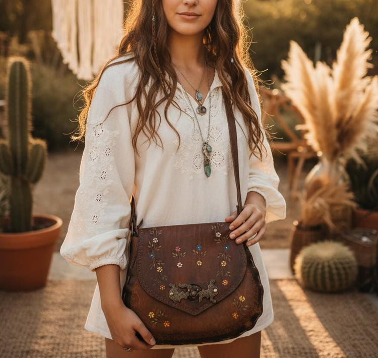 Rare 70s Flower Tooled Leather Bag, Multicoloured Floral Purse, Vintage Boho Satchel, Cottagecore Fairycore Fashion