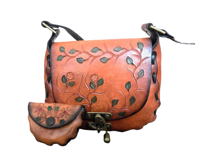 Vintage Leather Bag & Wallet Set, 70s Floral Tooled Purse, Boho Saddle Bag, Hippie Shoulder Bag, Cottagecore Gift, Made in England