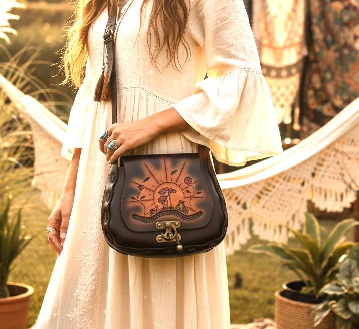 Whimsical Fairy Mushroom Leather Bag, Fly Agaric Purse, Vintage Tooled Forest Handbag, Boho Satchel, Magical Woodland