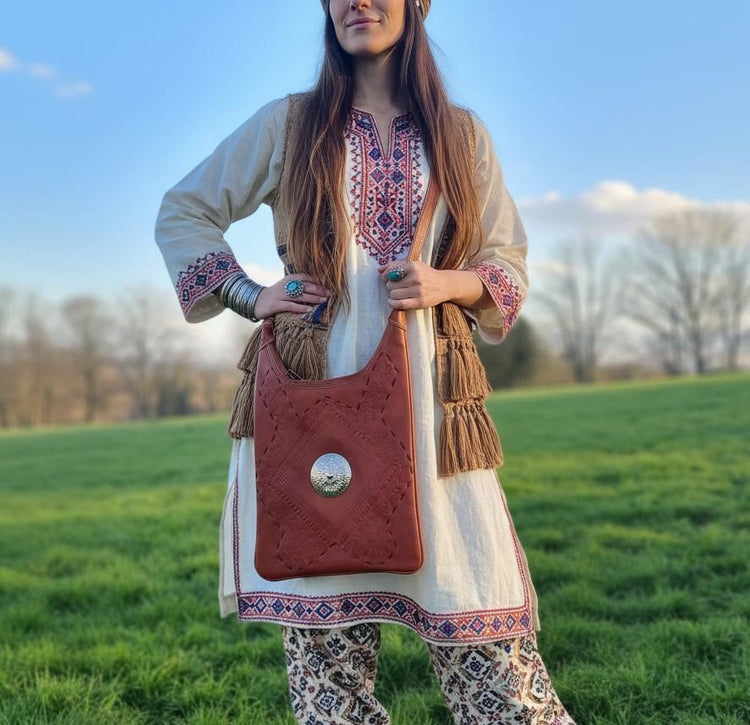 Tooled Leather Crossbody Bag, Boho Shoulder Tote, Vintage Moroccan Style Purse, Tan Leather Handbag, Artisan Crafts