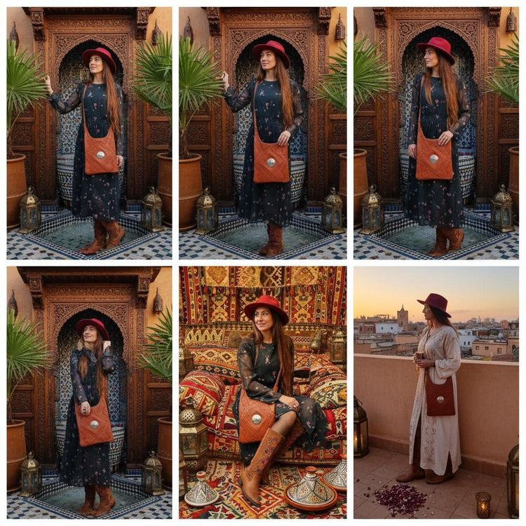 Tooled Leather Crossbody Bag, Boho Shoulder Tote, Vintage Moroccan Style Purse, Tan Leather Handbag, Artisan Crafts