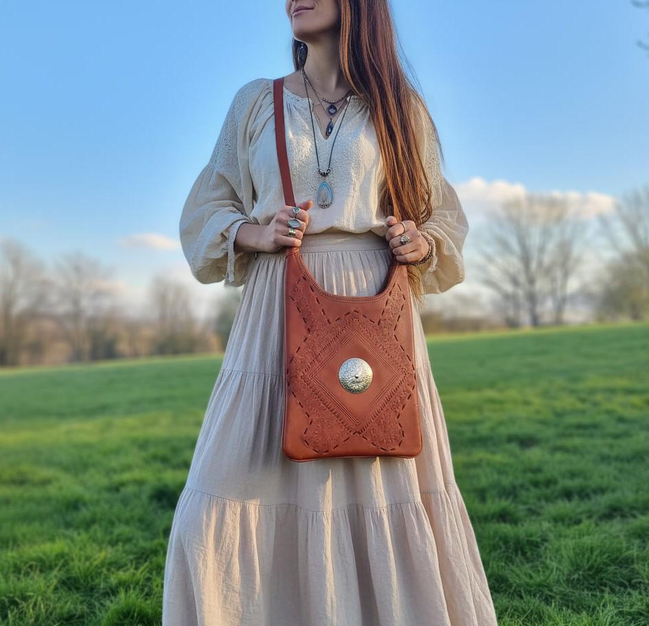 Tooled Leather Crossbody Bag, Boho Shoulder Tote, Vintage Moroccan Style Purse, Tan Leather Handbag, Artisan Crafts