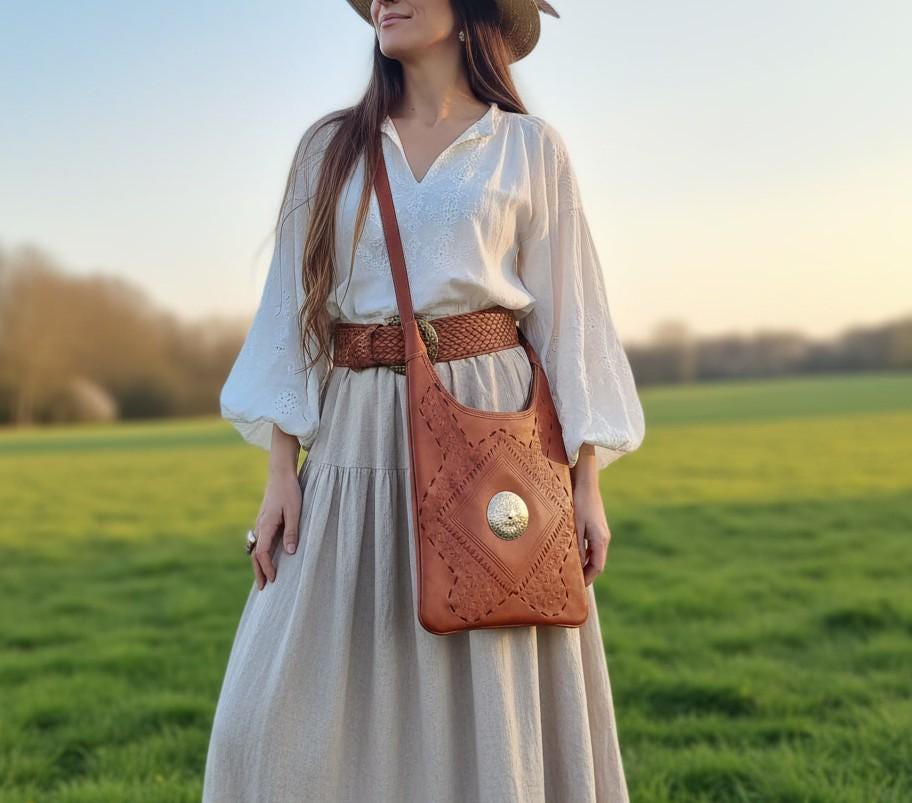 Tooled Leather Crossbody Bag, Boho Shoulder Tote, Vintage Moroccan Style Purse, Tan Leather Handbag, Artisan Crafts