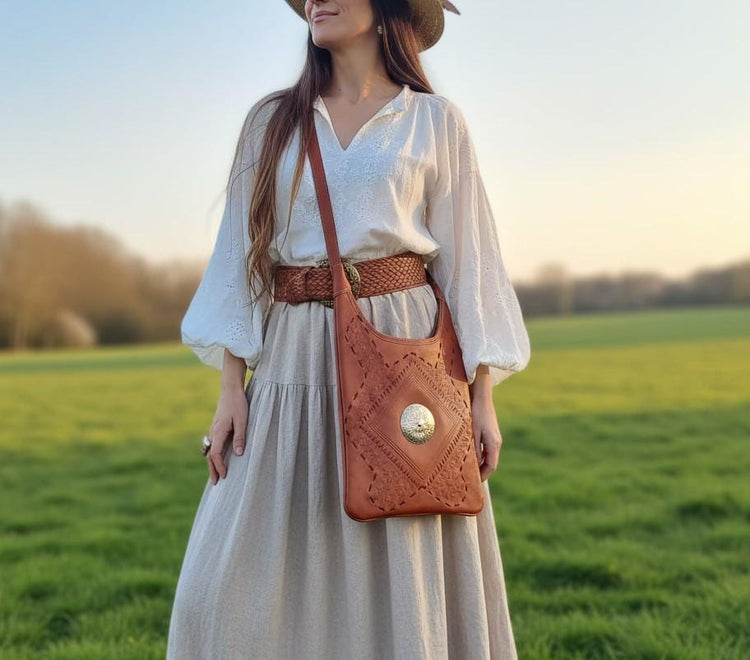 Tooled Leather Crossbody Bag, Boho Shoulder Tote, Vintage Moroccan Style Purse, Tan Leather Handbag, Artisan Crafts