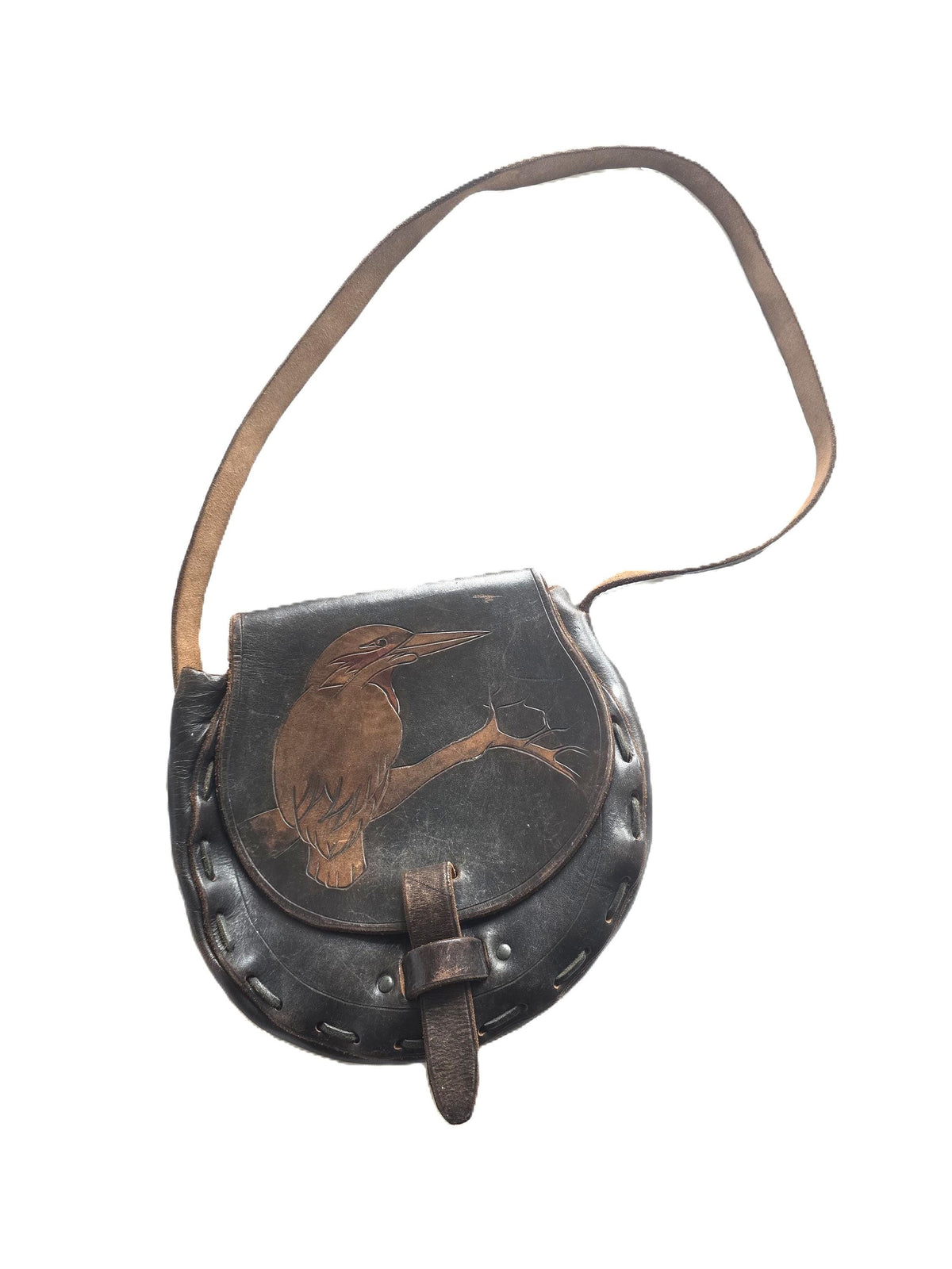 1970s Tooled Leather Saddle Bag, Kingfisher Bird Art Purse, Handmade Boho Satchel, Twitcher Gift