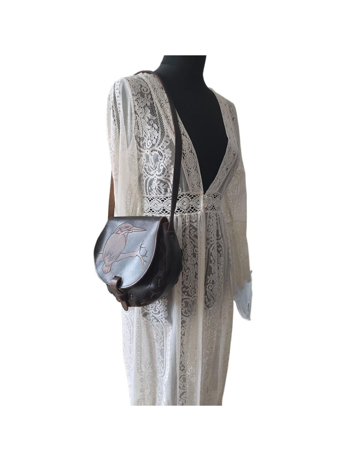 1970s Tooled Leather Saddle Bag, Kingfisher Bird Art Purse, Handmade Boho Satchel, Twitcher Gift