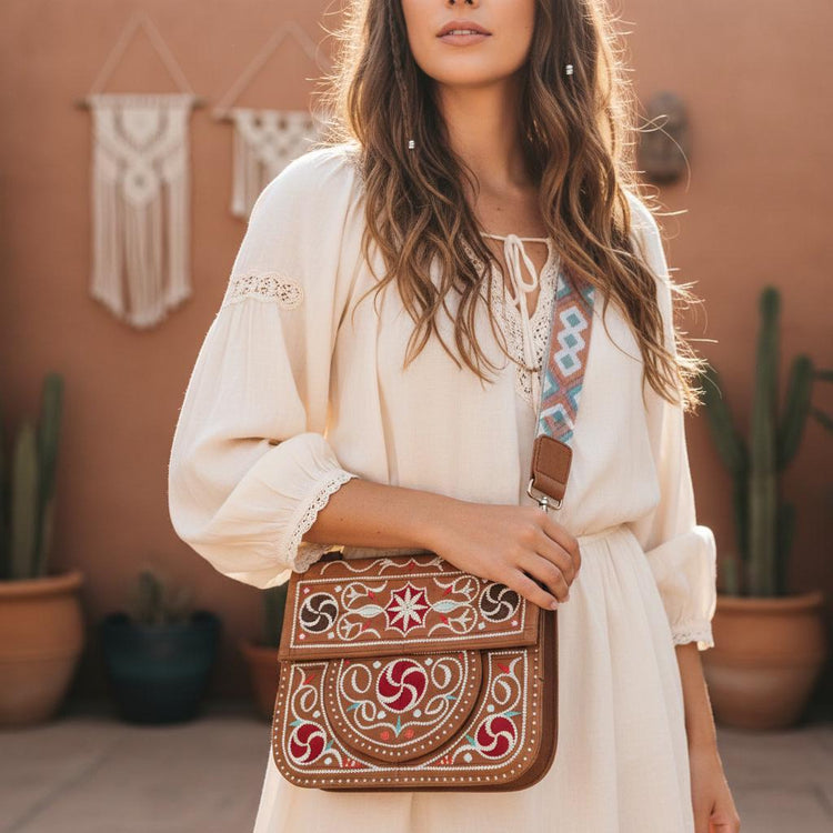 Moroccan Berber Leather Bag, Boho Festival Purse, Unique Embroidered Tribal Ethnic Design, Hippie Satchel