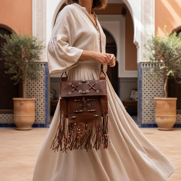 Rare Moroccan Berber Leather Bag, Beaded Fringe Boho Crossbody, Tuareg Tribal Purse, Tooled Leather Tote, Artisan Handbag