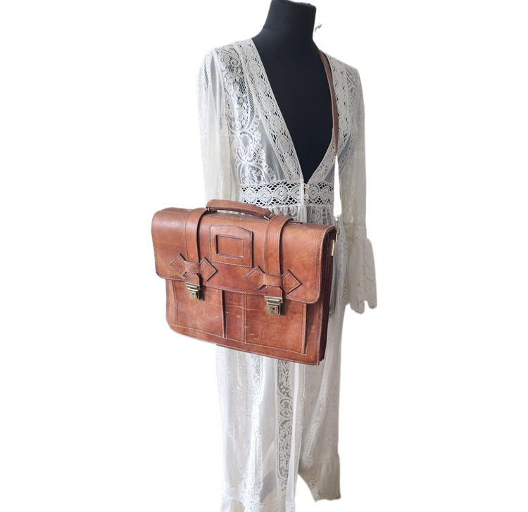 Vintage School Bag, Leather Messenger Briefcase, 15” Laptop Crossbody Satchel, Unisex College Uni Work Bag