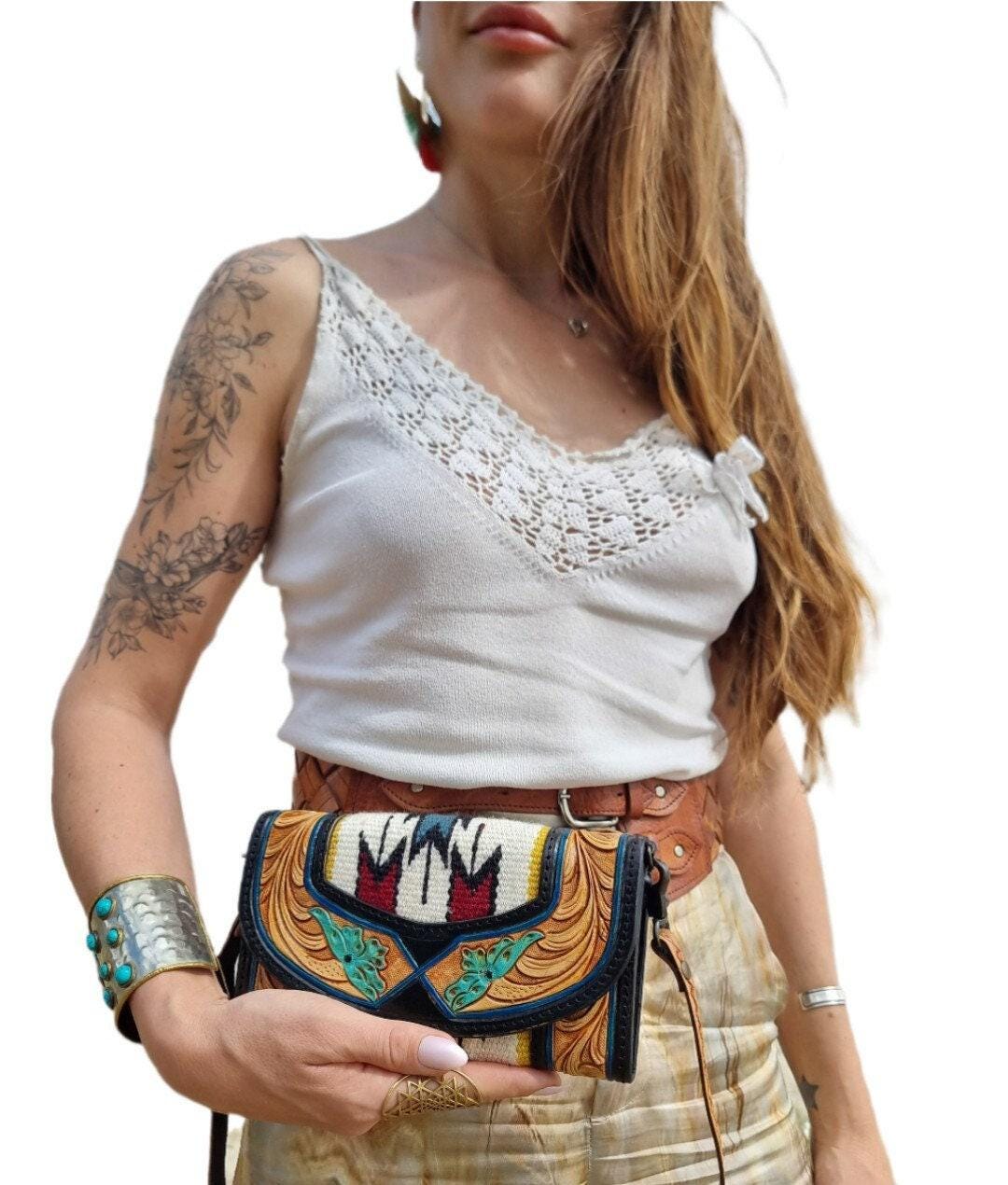 Floral Tooled Buffalo Leather Clutch, Aztec Western Mini Purse with Detachable Strap, Handmade Boho Leather Evening Bag